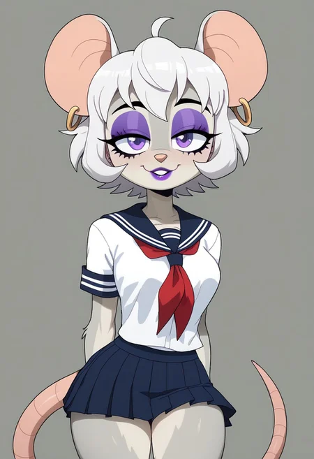score_9, score_8_up, score_7_up,((best quality)), absurdres,  <lora:3d-2d:0.8>,   <lora:TheaStiltonPXL:0.8>,TheaStiltonPXL,tail, makeup, mouse tail,eyeshadow, mouse ears, light grey body fur, purple eyes, animal nose, furry female, animal ears, 
vanitaker
White hair,
Short hair
Earing studs in ear,
Purple lipstick
School uniform