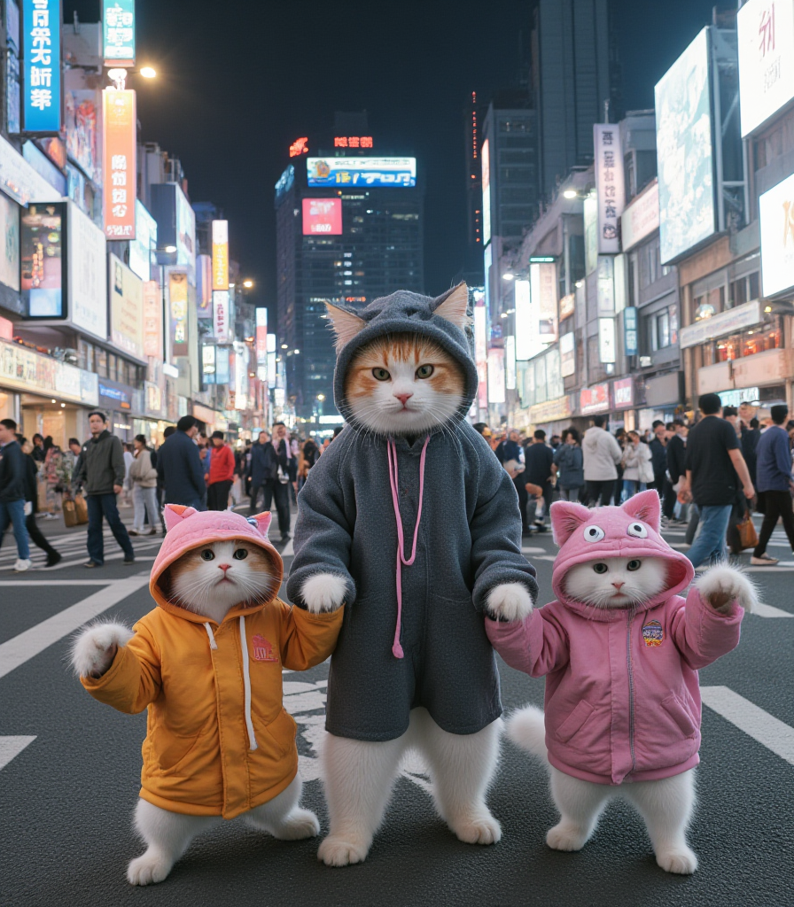 <lora:testo1:1> cyberpuk, photo of a cat family with cute outfits in a crowded street at night in a detailed futuristic city, kanji, portrait, smile, laught, funny face, funny pose, funny moves