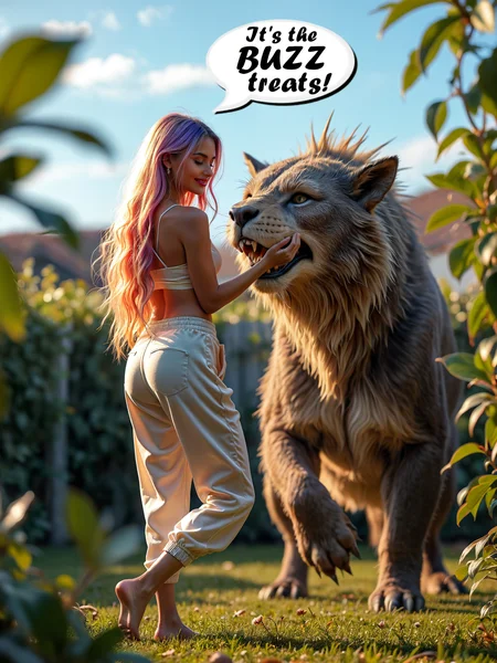 Cinematic film still a woman with long pink hair and a lion costume on is standing in a yard with a lion behind her, a word bubble says It's the BUZZ treats!, Cosmo Alexander, purple, an album cover, romanticism a photorealistic painting, photorealism, pincushion lens effect, a stock photo, barbizon school. BREAK Elegant pose, a stock photo, romanticism, concept art, shallow depth of field, vignette, highly detailed, high budget, bokeh, cinemascope, moody, epic, gorgeous, flux-style, film grain, grainy. <lora:add-detail-xl:.5> <lora:Flux-style-xl-lora:.5>