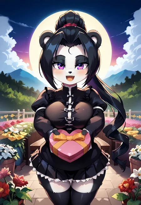 score_10 , score_9_up, score_8_up, score_7_up , score_6_up, vibrant colors, shiny_skin , prefect lighting, detailed image, snoozing , masterpiece , best quality , highly detailed , ultra quality , BREAK , source_anime , anime , anime style , 
1girl , (young anthro panda , furry female , big breasts , fur skins, panda skin , White fur , black fur , purple eyes , long ponytail black hair , Center Part front hair , forehead , pawpads , white tail , curvy ,  thicc , cute , shortstack) ,, detailed face , bedroom eyes,  blushing, smiling , (hearts) ,, (black clothes , white clothes , shirt) , lace-up corset top , ruffled puff sleeve , Mini skirt , thigh highs , 
<lora:heart-shaped-box-ponyxl-lora-nochekaiser:1>, heart-shaped box, holding, box, gift, valentine, incoming gift, outstretched arms, outdoors, night sky, clouds, shouting, 
looking at viewer, detailed background, outdoors, garden, flower field, flower pots, plant pots, tree, cinematic composition, dynamic pose,