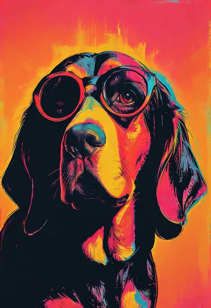 impactful color paint of, a Basset Hound, wearing dark sunglasses, highly detailed, vibrant colors , 8k, sharp, professional, clear, high contrast, high saturated, , vivid deep blacks, crystal clear