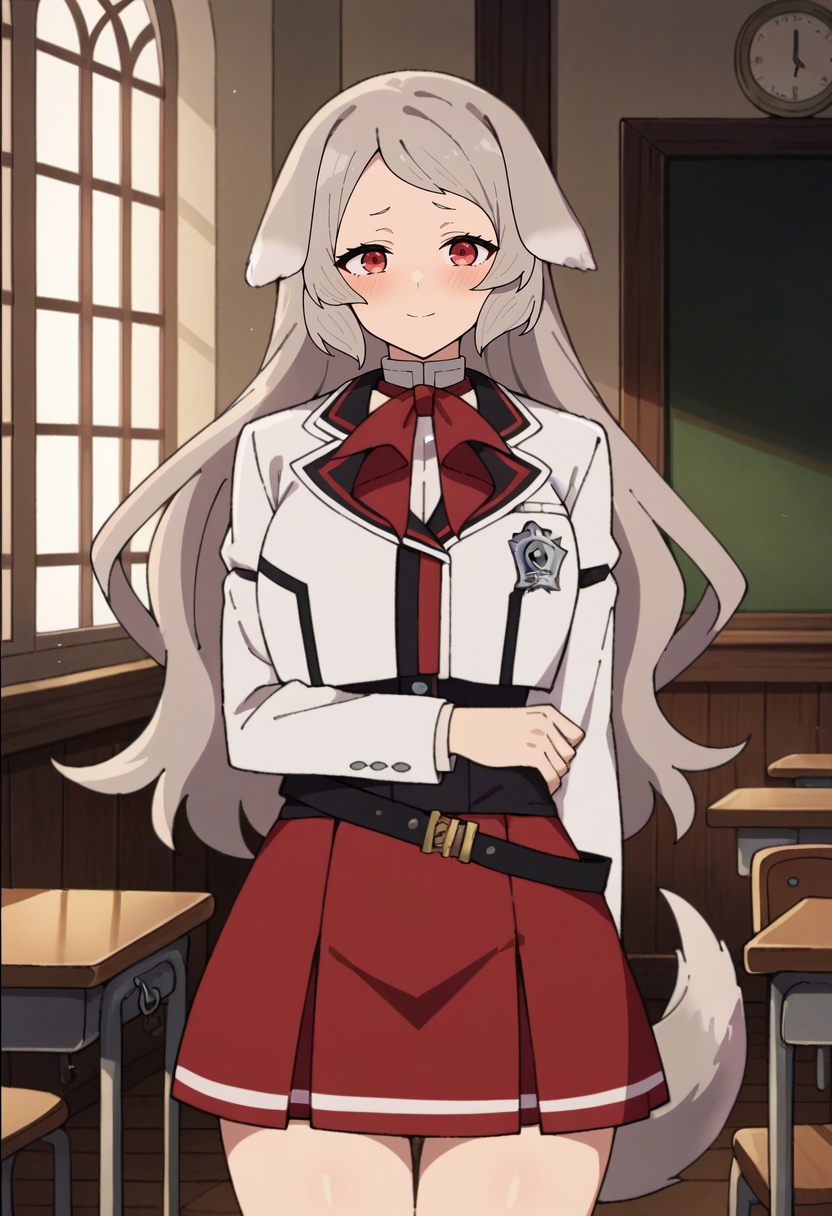 score_4, score_5, score_6, score_9, score_8_up, score_7_up, source_anime,
<lora:MushokuTensei_PursenaXL:0.8>, PursenaMT,
1girl, light smile, blush,
grey hair, long hair, red eyes, dog ears, dog tail,
school uniform, cropped jacket, white jacket, large breasts, white shirt, long sleeves, black corset, black belt, red skirt, red neckerchief,
standing, looking at viewer, thigh gap,
indoors, medieval, classroom, chair, table