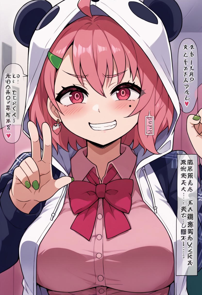 source_anime, rating_safe, BREAK <lora:sakuSasaki_XL-Pony_LoRA-C3Lier_16-16-8-8_AdamW_Un3e-4_Te1.5e-4_10batch:1>, sasaki saku, 1girl, virtual youtuber, pink hair, multicolored hair, short hair, ahoge, pink eyes, green nails, mole under eye, hairclip, earrings, animal hood, panda hood, hood up, two-tone jacket, white jacket, black sleeves, long sleeves, collared shirt, pink shirt, red bowtie, plaid skirt, green skirt,  ,,, ,,,, , ,,,, ,,, ,,, ,, ,, ,, , , ,,huge breasts,5 fingers,, ,,,,,,,,,,,,Both hands Peace , grin
