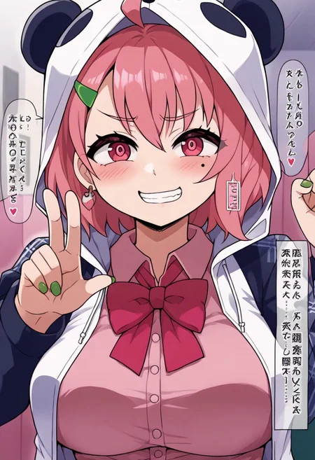 source_anime, rating_safe, BREAK <lora:sakuSasaki_XL-Pony_LoRA-C3Lier_16-16-8-8_AdamW_Un3e-4_Te1.5e-4_10batch:1>, sasaki saku, 1girl, virtual youtuber, pink hair, multicolored hair, short hair, ahoge, pink eyes, green nails, mole under eye, hairclip, earrings, animal hood, panda hood, hood up, two-tone jacket, white jacket, black sleeves, long sleeves, collared shirt, pink shirt, red bowtie, plaid skirt, green skirt, ,,, ,,,, , ,,,, ,,, ,,, ,, ,, ,, , , ,,huge breasts,5 fingers,, ,,,,,,,,,,,,Both hands Peace , grin