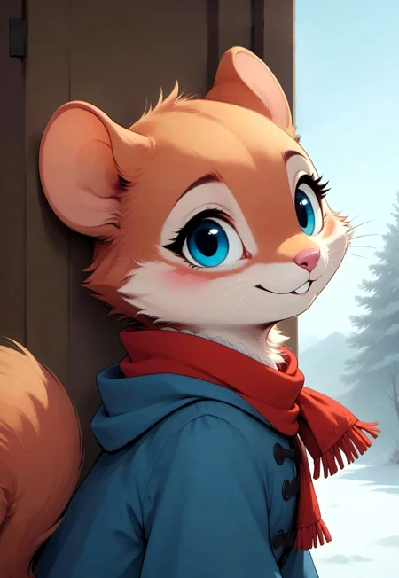 score_9, score_8_up, score_7_up, score_6_up, score_5_up, score_4_up, 
[][][][][] 
red fur, blue eyes, (((squirrel))), (cute, feral:1.5)
[][][][][] 
red cloak, white frilly shirt, black skirt, scarf, doorway, rear view, looking at viewer, smile, (fluffy tail:1.5), head focus, close up, upper body shot, snow, wind,