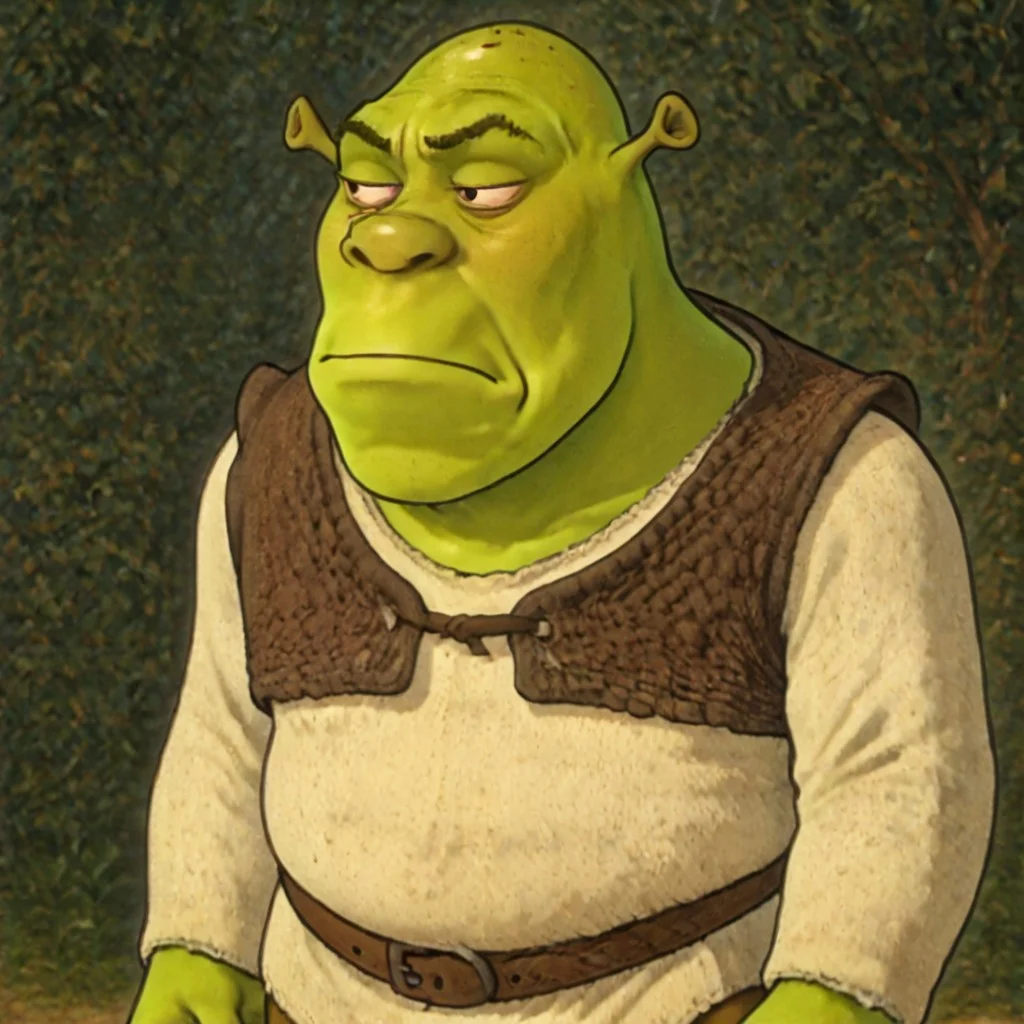 masterpiece, best quality, newest, absurdres, highres, anime, anime style, TSLV1.0, skeptical expression, judgmental look, side-eye, half-closed eyes, tight-lipped, furrowed brow, frown, looking sideways,
1boy, shrek, bald, green skin, brown vest, white shirt, brown belt, pants