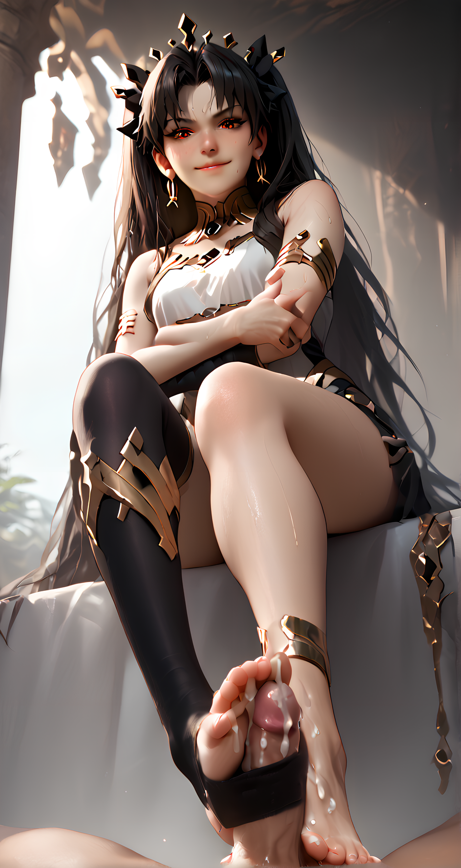 realistic skin texture, detailed picture, (HD32z:1.2), perfect anatomy, petite body, 8k, 4k, detailxl,
ishtar, long hair, black hair, ribbon, hair ribbon, two side up, red eyes, parted bangs, crown, thighhighs, navel, jewelry, earrings, ((((black thighigh, single thighhigh, asymmetrical legwear, uneven legwear, anklet)))), armlet, neck ring, single elbow glove, asymmetrical sleeves, uneven sleeves, (stirrup legwear:1.9), smirk, smug, shiny skin, shiny, sweat, wet, crossed arms,
(from below, (sitting:1.5), feet, soles, foot focus, (footjob, penis, 1boy, pov, cum, ejaculation, cum on feet, (two-footed footjob:1.5))), 
<lora:strp-fj5:0.8>  <lora:ishtar-ponyxl-lora-nochekaiser:0.5> <lora:SweatyStyle-V2:0.3> <lora:Expressive_H:0.3>  <lora:realcumSDXLv3.1:0.7>