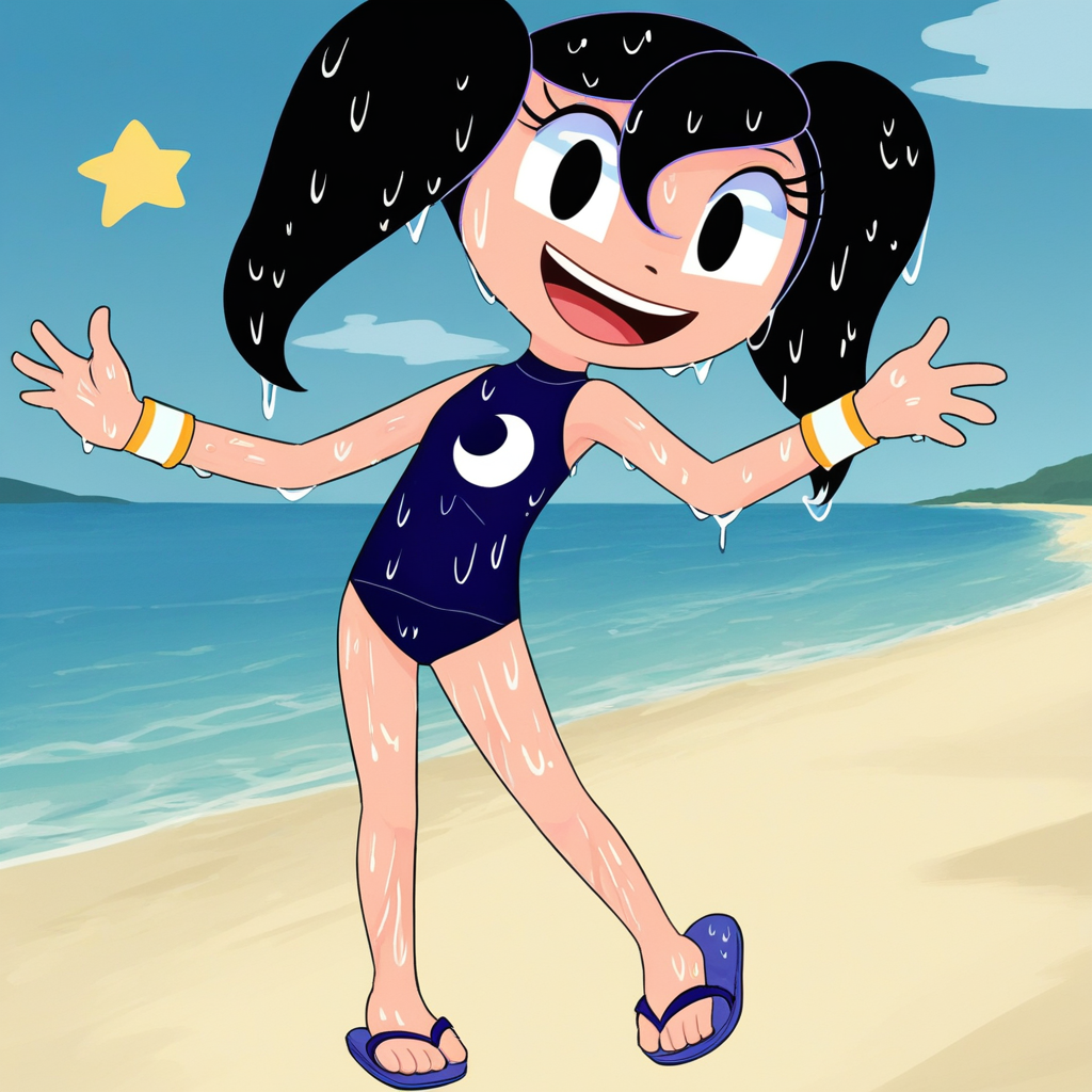 Luna (Earth To Luna), black pupils, black hair, twintails, wet hair, one-piece swimsuit with yellow stars, sandals, white wristband (right-handed) simple background, outdoors, beach scenery, smiling, mouth opened, looking at the viewer, looking back with a hand reaching out, four fingers