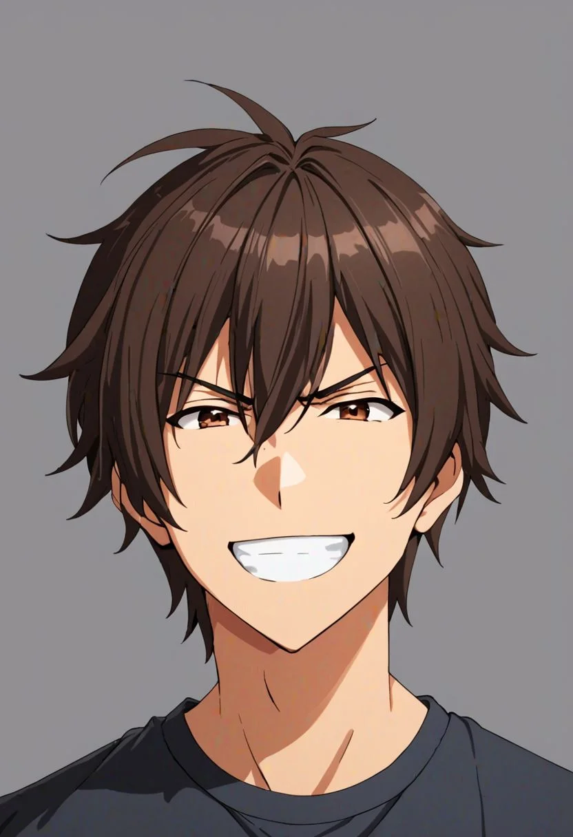 Seiya Kanie, masterpiece, best quality, (1boy), solo, male focus, photography, High definition, Dark Brown hair, 4K, shirt, dark grey background, passport_photo_style, >:), angry, smile