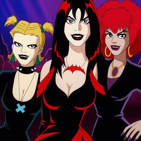 long hair, breasts, looking at viewer, smile, short hair, multiple girls, blonde hair, black hair, dress, cleavage, twintails, jewelry, red hair, earrings, choker, 3girls, necklace, black dress, collar, makeup, lipstick, short twintails, spikes, hoop earrings, spiked collar, black lips, hex_girls, hex_dusk, hex_luna, hex_thorn