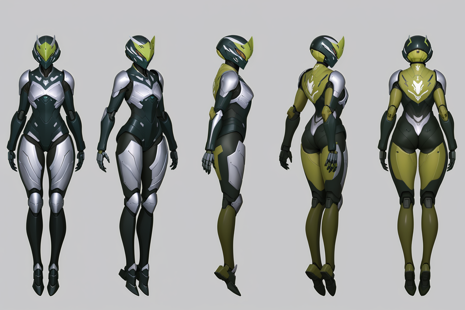 (GENERAL:0), mecha, robot, masterpiece, best quality, very aesthetic, absurdres, solo, standing,
(VIEWS:0),  full body character turnaround of mecha,
Multiple views of the same mecha,  (simple background, white background:1.2), multiple views, side view, back view, front view, 
sunglasses, goggles,
mask, helmet,
Quail\(animals\)ï¼
Alex Mercer\(Prototype\),
plate armor, power suit, alien,
android, cybersuit, upper armor, mechanical arms, machinery, prosthesis,
(bodyshape:0), Sturdy build body,
(clothing:0), (Zimmermann lace jumpsuit.:0.6), 
(sliver  
devil  theme character design:1.1),
 <lora:MechTurnXLRemix_v1:.25>
 <lora:MechTurnXL_v1:.75>
<lora:ClothTurnXLRemix_v1-000004:.25>
 <lora:ClothTurnXL_v1-000004:0.25> 
<lora:CharTurnXL_v2:0.25>
 <lora:xl_more_art-full_v1:.25>,
 <lora:Alphonse Mucha Style:.1>, Alphonse Mucha Style page
 <lora:å½é£æç»SDXL:.1>