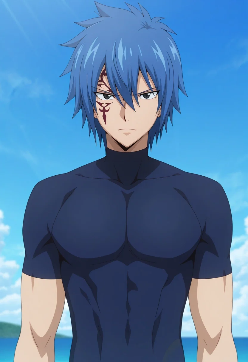 masterpiece, best quality, , anime screencap, , , looking at viewer, 1boy, solo, male focus, <lora:jellal_fernandes_ilxl:0.96>, jellal_fernandes, blue hair, black eyes, short hair, tattoo, facial mark, hair between eyes, ,