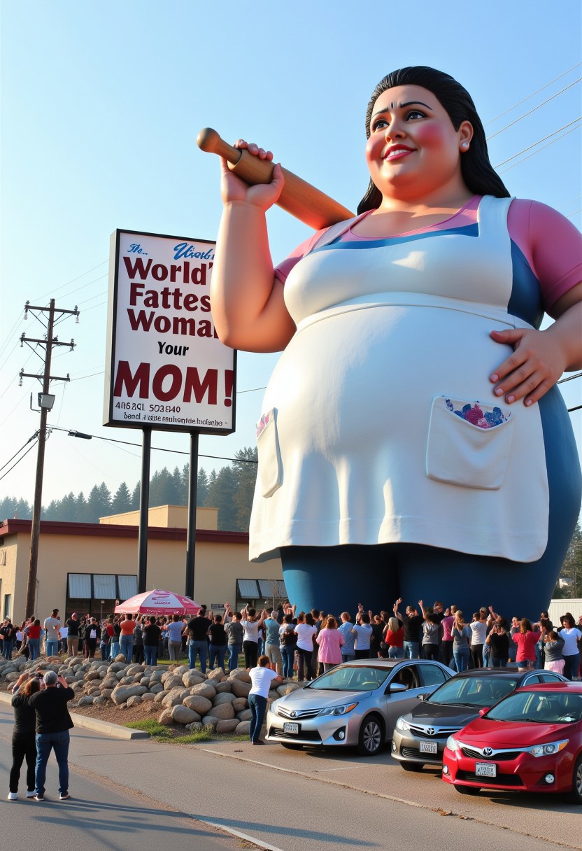 Photo depicting a surreal scene at a "world's largest Fat woman wearing an apron and holding a rolling pin" roadside attraction, along with people taking photos of it and cars parked near it. There is a large sign that says "World's Fattest Woman (Your MOM)" next to it.