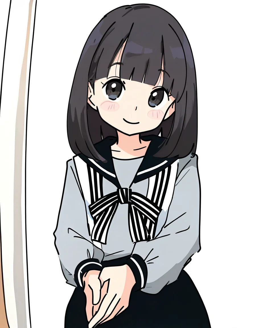 (ixy:0.6),white background,simple background,smile,own hands together,upper body,looking at viewer,<lora:lijing_noob:1>,skin2,lijing,1girl,solo,medium hair,black hair,black eyes,blunt bangs,sailor collar,long sleeves,school uniform,serafuku,grey shirt,black skirt,
masterpiece,best quality,very aesthetic,absurdres,