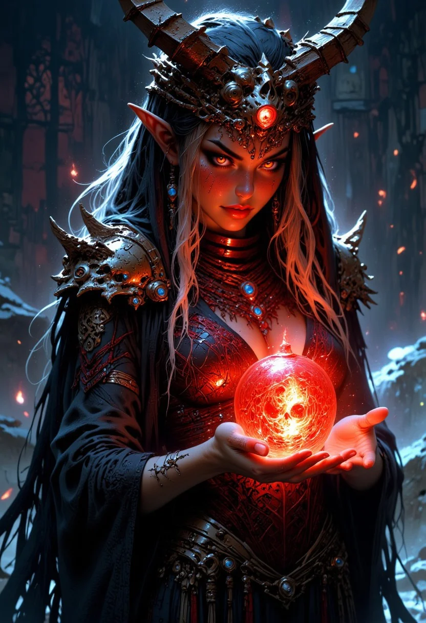 mythp0rt, alieffp_v2, BREAK, An erotic, nsfw, female oriental necromancer in intricate lace, see-through clothing, cursed helm made of a skull with glowing eyes, long hair, bangs, cleavage, holding a glowing cursed crystal orb, realistic textures, ultra-high definition, photorealistic, highly detailed, dramatic lighting, sharp focus, cinematic, hyperrealism, dark and mysterious atmosphere, great lighting