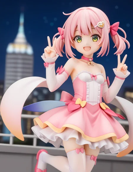 score_9, score_8_up, score_7_up, score_6_up, score_5_up, score_4_up, source_anime, aamomo, short hair, pink hair, twintails, hair ornament, green eyes, small breasts, magical girl, pink choker, bare shoulders, pink bow, frills, strapless dress, pink dress, detached sleeves, layered skirt, white thighhighs, <lora:chiyoda_momo_ponyxl_v1:0.9>, rooftop, city, smile, peace sign, night,, 1girl, perfectly flat chest, tiny perky tits