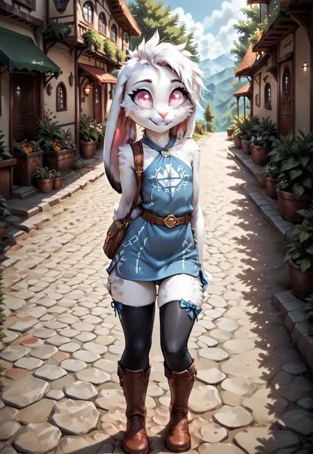 safe_pos, kftenhance, highres, masterpiece, safe_pos, score_9, score_8_up, score_7_up, 1boy, solo, femboy adventurer, realistic textures, realistic fur, D&D, adventurer, wilderness guide, meek, cute, dainty, excited,
(((rabbitfolk, feminine male, femboy, white fur, detailed fur, body fur, tuft, fluffy, dappled, honeyed freckles, short, delicate features, white medium hair, undercut hairstyle, pink eyes, small and slender, tiny breasts, fluffy chest, thin waist, waspish hips, rabbit nose, pink nose, rabbit ears, long ears, ears down, rabbit tail, plantigrade legs, light eyeshadow, thick butt, nervous smile,))) (((travel clothes, halter top, flowing light-blue tunic, revealing tights, shortbow, earring, thigh high socks, small satchel, bow and arrows, plain boots,))) shopping, skipping, fantasy village, outdoor, <lora:KFT_FSSE_V6.3-000005:0.4>