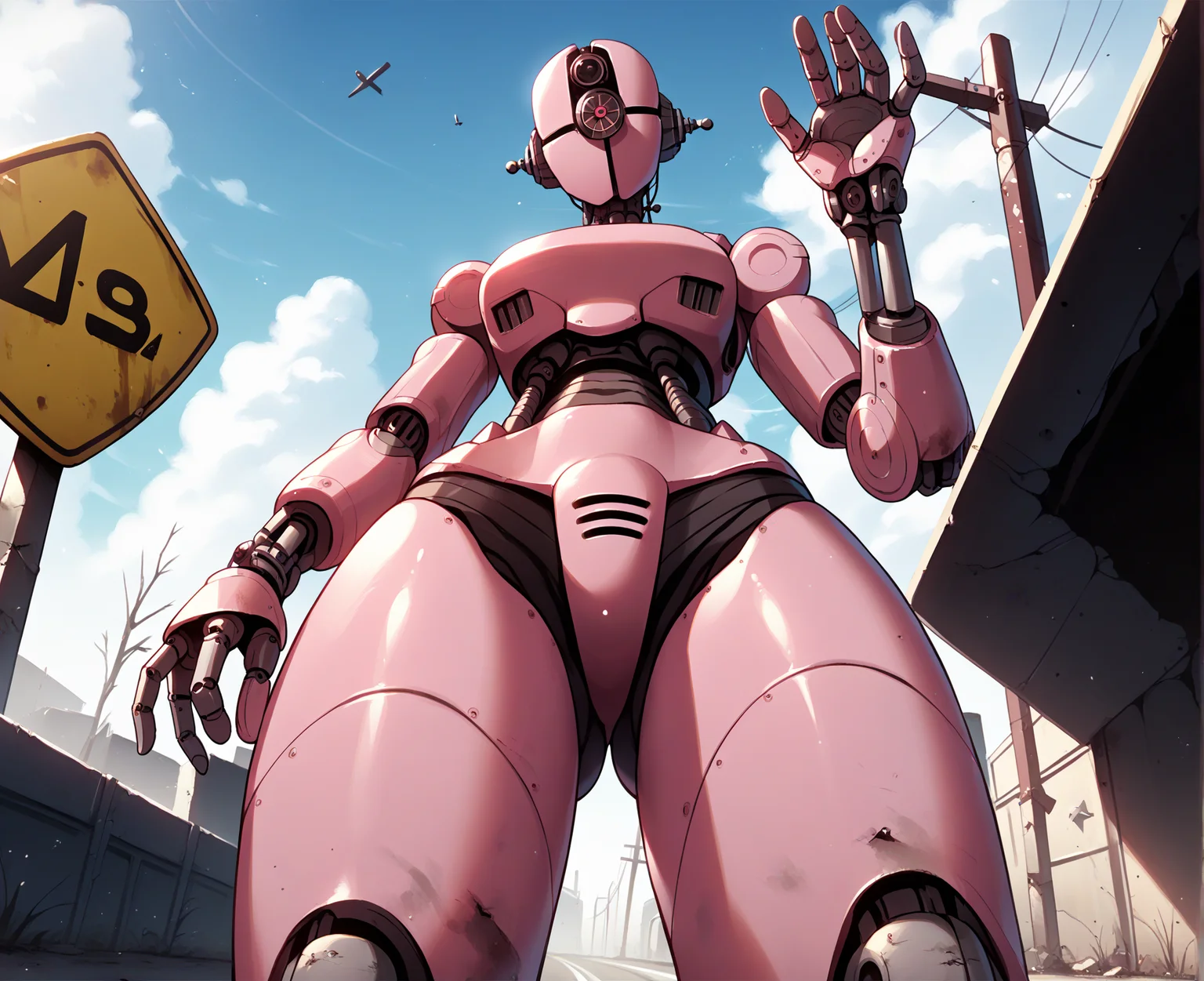 score_9, score_8_up, score_7_up, score_6_up, score_5_up, score_4_up, kishibe, assaultron, fallout, 1girl, solo, breasts, looking at viewer, robot, humanoid robot, robot joints, joints, mechanical arms, crotch plate, science fiction, detailed background, skimpy armor, breastplate, chestplate, (pink armor, pink body:1.2), cute expression, looking at viewer, outside, presenting, pose, butt, outside, road, road sign, post-apocalyptic, ruins, from below, low-angle view
<lora:assaultron_pdxl_:0.8> <lora:Kishibev2:1>