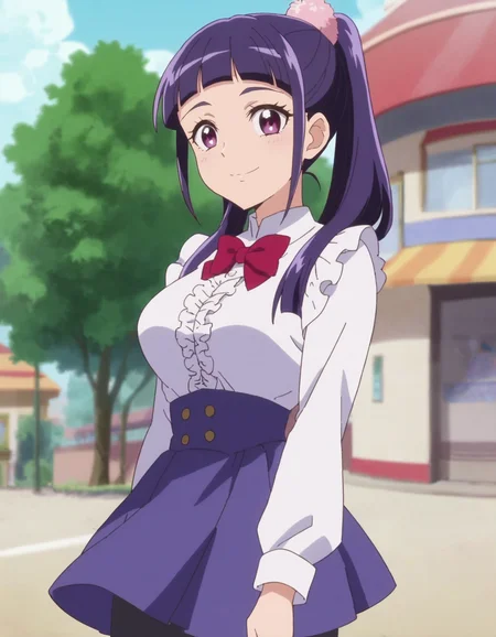 score_9, score_8_up, score_7_up, anime screencap, solo,1girl,izayoirikomd,skirt, smile, shirt, looking at viewer, purple skirt, bowtie, white shirt, black pantyhose,red bowtie, long sleeves, center frills, frills,,cowboy shot,large breasts<lora:izayoirikomd:0.8>