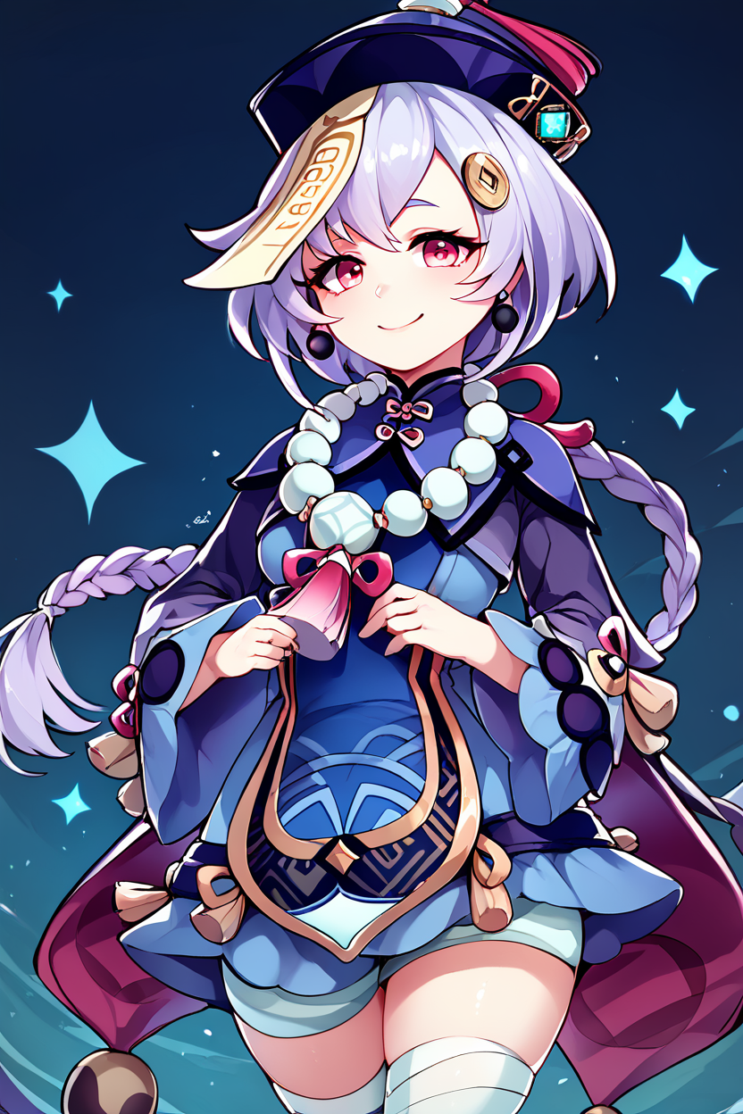score_9, score_8_up, score_8, medium breasts, (curvy), cute, eyelashes,       ,,, , ,,, zzQiqi, braid, long hair, red eyes, hair ornament, earrings,   ofuda, qingdai guanmao, jiangshi, long sleeves, bead necklace, wide sleeves, white thighhighs, dress, <lora:Qiqi_Genshin_PDXL_v2:1.0>,     ,,,, BREAK, smile, looking at viewer, ,,, abstract background, white outline, cowboy shot, ,,, embedding:zPDXL, Expressiveh, ,,, <lora:CatalystStylePDXL:0.6>, <lora:SDXLFaeTastic2400:0.5>, <lora:Expressive_H-000001:0.4>,