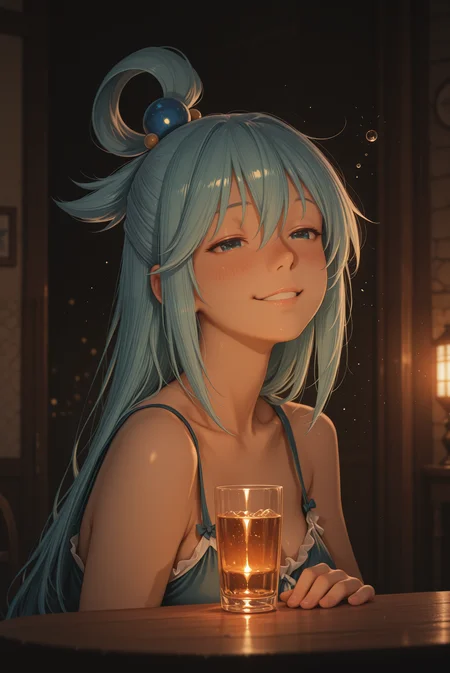 embedding:lazypos, focused subject, vibrant colours, anime, side portrait of Aqua (Konosuba), drunk, happy <lora:TrendCraft_The_Peoples_Style_Detailer-v1.0A-3_13_2025-illustrious:0.6>