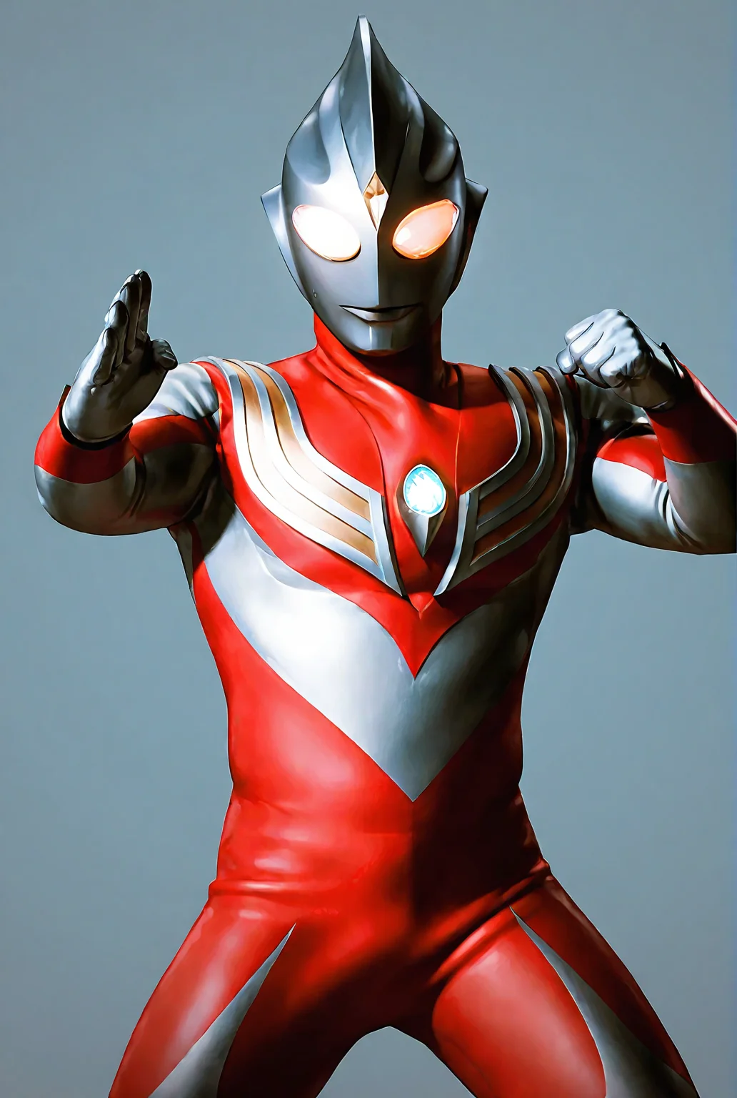 score_9,score_8_up,score_7_up,best quality,ultra-detailed,high resolution,digital painting,8k,1boy,solo,cowboy shot,male focus,bara,detailed face,2d,front view,alien,tokusatsu,bodysuit,glowing eyes,tiga power type,red bodysuit,fighting stance,light,glowing body,simple background,<lora:add-detail-xl:1>,<lora:Ultraman Tiga:0.8>,