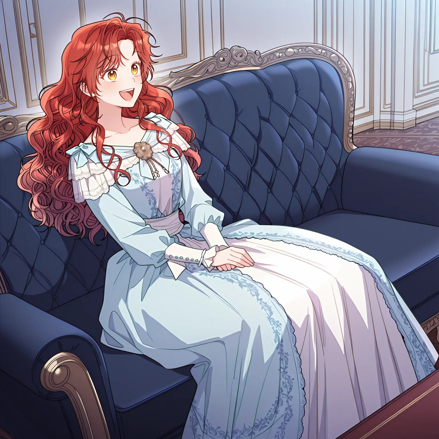 masterpiece, best quality, amazing quality, very aesthetic, absurdres, explicit, <lora:Schuer:1>, schuer, long hair, red hair, wavy hair, golden eyes, european dress, sitting on couch, hands folded, :D, indoors, western noble room