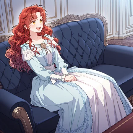 masterpiece, best quality, amazing quality, very aesthetic, absurdres, explicit, <lora:Schuer:1>, schuer, long hair, red hair, wavy hair, golden eyes, european dress, sitting on couch, hands folded, :D, indoors, western noble room