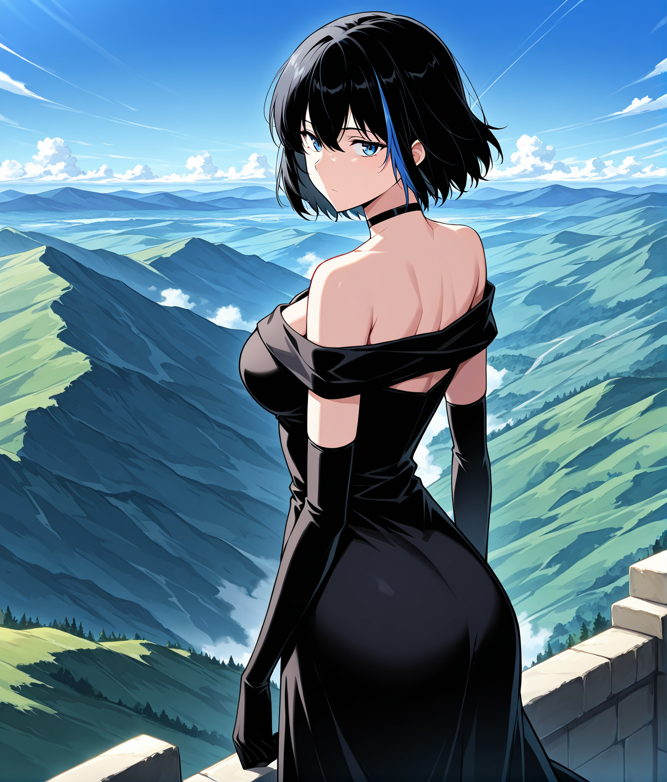 <lora:Cheon_Soyeon__The_Knight_King_Who_Returned_with_a_God__Illustrious:1>
1 girl, solo, black hair, short hair, loose hair, blue hair streak, multicolored hair, streaked hair, bangs, hair between eyes, blue eyes, large breasts
dress, black dress, long dress, cloves, elbow gloves, black cloves, bare shoulders, off shoulder, choker, black choker
score_9, score_8_up, score_7_up, source anime, BREAK,  cowboy shot, (from side), looking back, looking at viewer, overlooking mountain, high altitude, scenery, exterior, background, (solo), perfect hands
