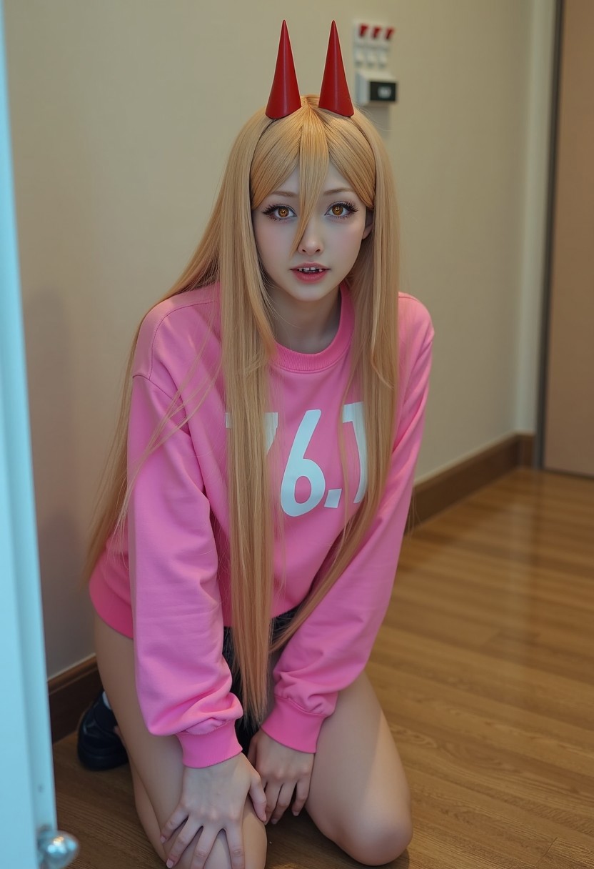 Cinematic shot, realistic photo of 19yo Power_csm kneeling on the floor of a Japanese apartment. She has cross-shaped pupils, horns, sharp jagged teeth, and long blonde hair. She's wearing shorts and a pink sweater off her shoulder that has "76.1" printed on the chest in large white letters.