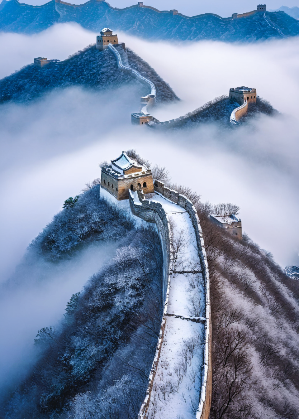 <lora:é¿å:1>,The Great Wall, scenery, no humans, outdoors, sky, cloud, mountain, tree, nature, day, blue sky, forest, snow, monochrome, signature, landscape, road, cloudy sky, blue theme, house, grass, fog, building, masterpiece, best quality,