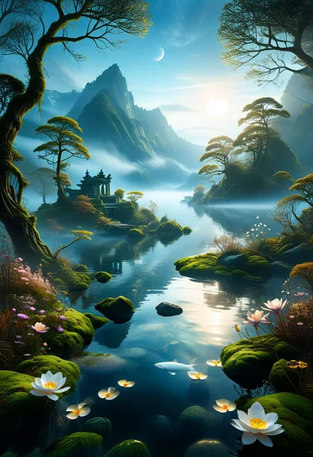 In a stained glass style, envision a slumbering dreamweaver reclining upon a moss-covered islet, enveloped by a soft luminescence emanating from wispy tendrils of fog, which embrace its form like a gentle lover's caress. With half-closed eyes, the dreamer's gaze drifts lazily towards the glassy lake's surface, disturbed by ripples of gold and copper, reflecting mist-shrouded peaks in the distance. As the dreamweaver's hand dances across the water, moon-petaled flowers float, releasing their sweet fragrance into the still air, while a school of silver-tailed fish weaves through the depths, their gentle splashing harmonizing with the dreamer's breath. This piece is vibrant, translucent, and intricate, capturing every detail in a dramatic, cinematic portrayal, rich with sharp details and extreme resolution, akin to a masterpiece in 32k resolution. Incorporating a wide range of colors and employing techniques such as chiaroscuro and low-key lighting, the artwork exudes an ethereal beauty that transcends reality.