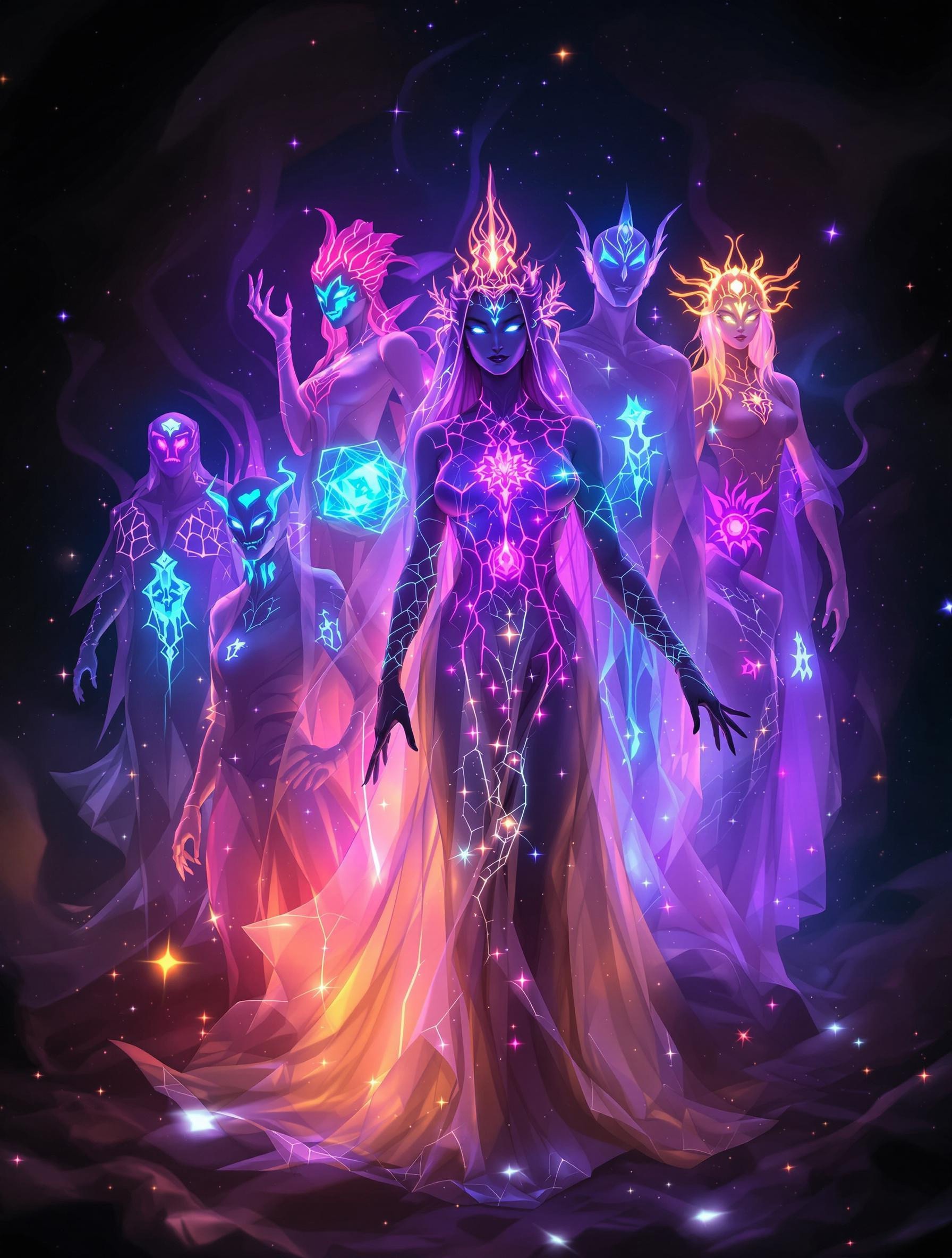 7 bioluminescence translucent entities they are,
A Bioluminescence translucent Hydrogen God - H (Atomic number 1)
A Bioluminescence translucent Helium Goddess- He (Atomic number 2)
A Bioluminescence translucent Lithium God - Li (Atomic number 3)
A Bioluminescence translucent Beryllium Goddess- Be (Atomic number 4)
A Bioluminescence translucent Boron elf - B (Atomic number 5)
A Bioluminescence translucent Carbon/humanoid - C (Atomic number 6)
A bioluminescence translucent Nitrogen/demon - N (Atomic number 7)
Oxygen - O (Atomic number 8)
Masterpiece, 32k, 16k, 8k,