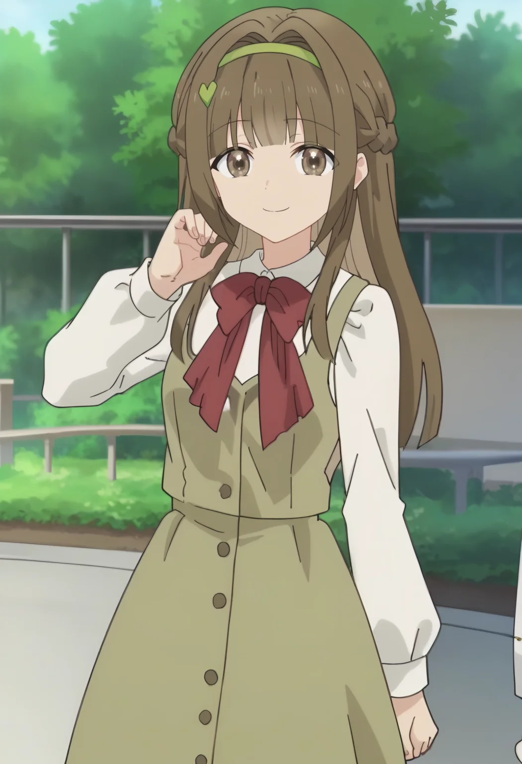 haruka katsuragi, 1girl, long hair, brown hair, solo, braid, brown eyes, green hairband, sidelocks, blunt bangs, heart hair ornament, white shirt, green dress, school uniform, red bowtie, long sleeves, sleeveless dress, red bow, looking at viewer, smiling <lora:Haruka Katsuragi:0.9>, score_9, score_7_up,anime coloring ,source_anime, anime, anime screencap