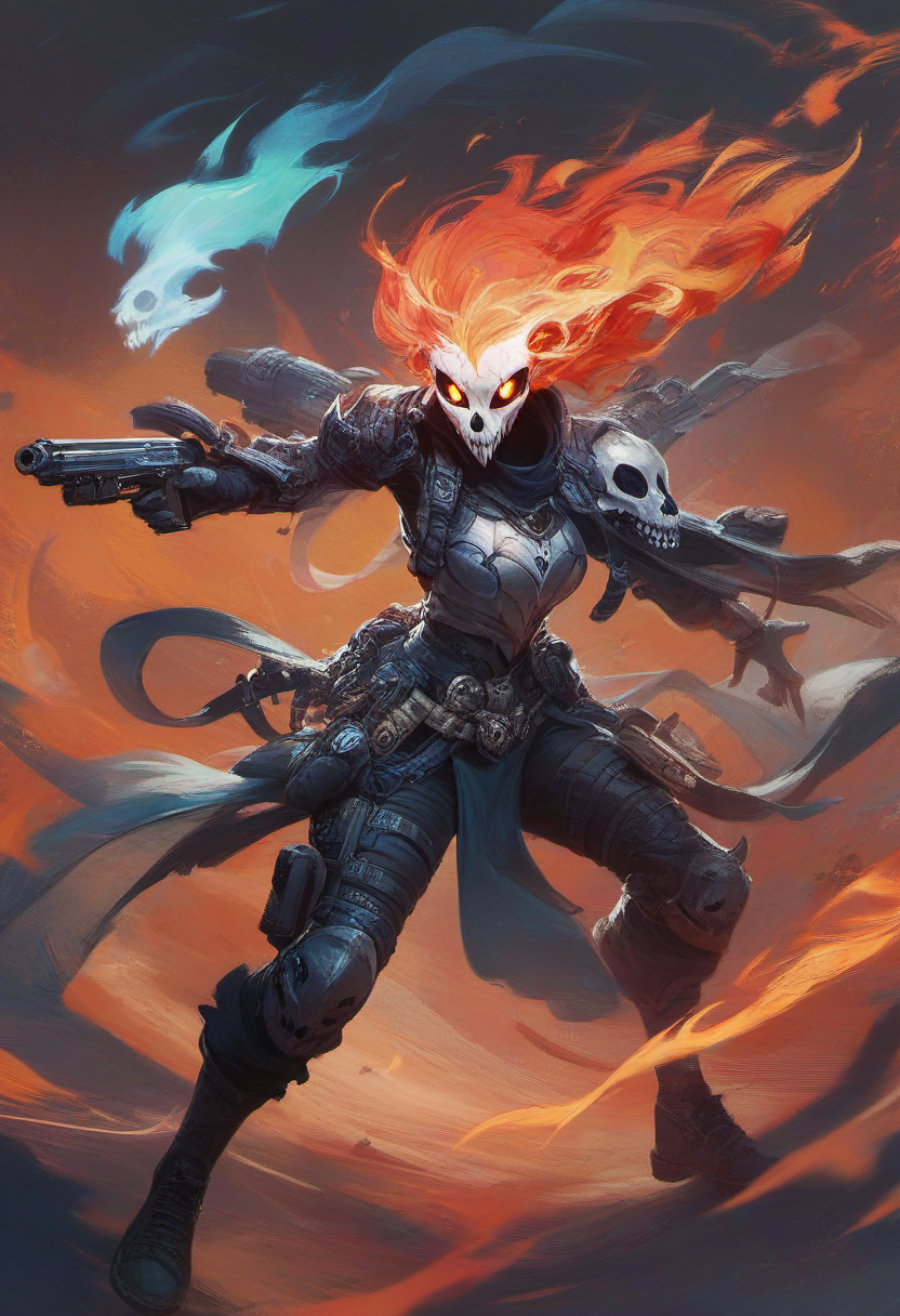 score_9,score_8_up,score_7_up,1girl,wearing skull face armor,flames from eyes,flame like hair,moving fire,<lora:Concept Art Brush Style LoRA_Pony XL v6:0.8>,concept art,digital art,gun,