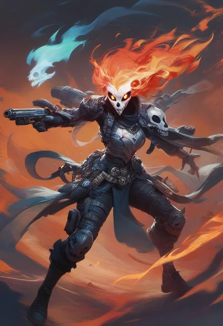 score_9,score_8_up,score_7_up,1girl,wearing skull face armor,flames from eyes,flame like hair,moving fire,<lora:Concept Art Brush Style LoRA_Pony XL v6:0.8>,concept art,digital art,gun,