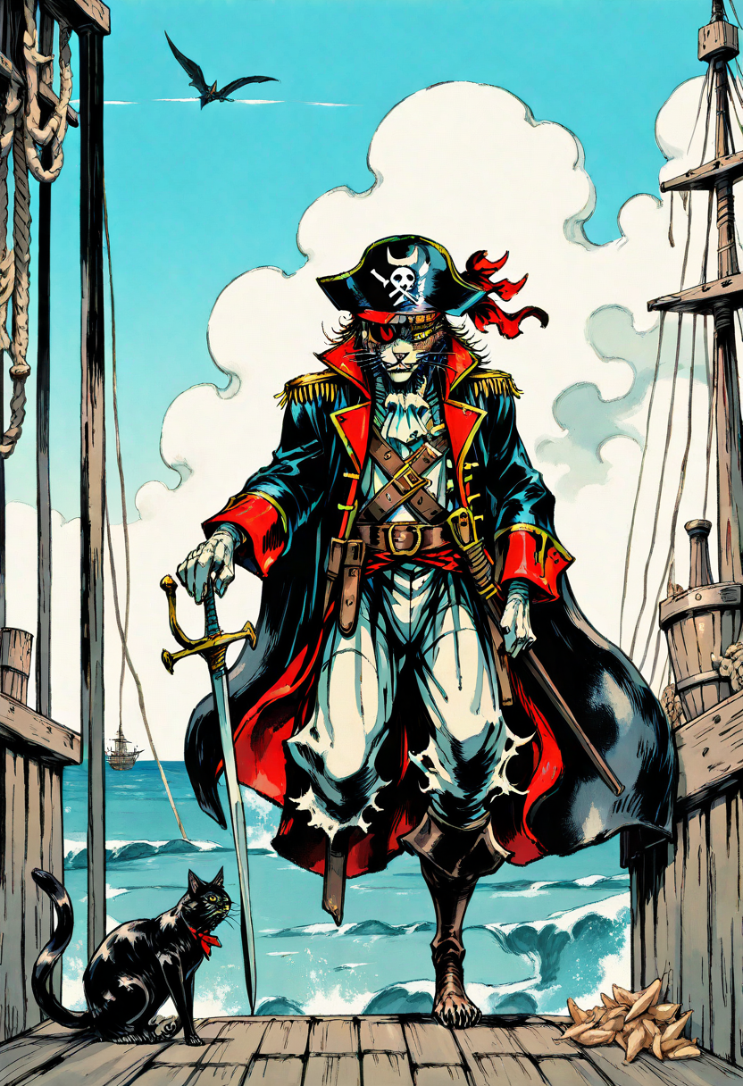 yshinkawa, anime, highly-detailed, best quality, masterpiece, newest, very aesthetic, 1boy, pirate captain, cat, solo, anthro, evil, fangs, eyepatch, holding, sword, pirate ship,