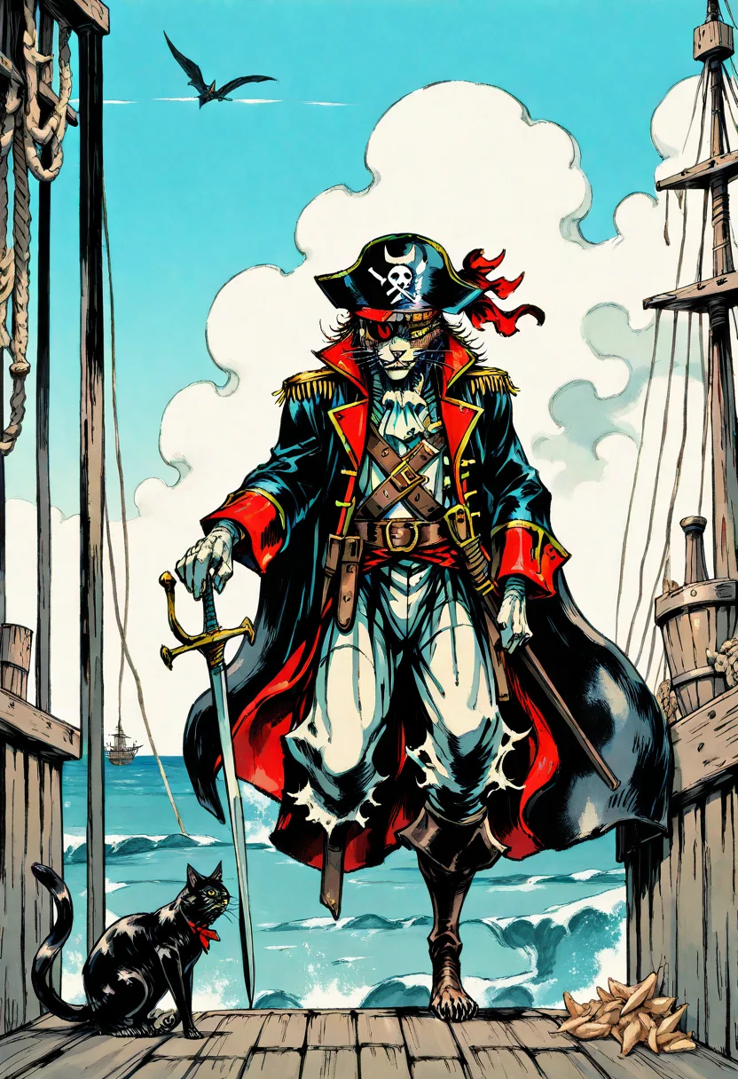 yshinkawa, anime, highly-detailed, best quality, masterpiece, newest, very aesthetic, 1boy, pirate captain, cat, solo, anthro, evil, fangs, eyepatch, holding, sword, pirate ship,