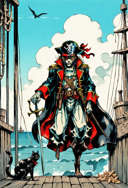 yshinkawa, anime, highly-detailed, best quality, masterpiece, newest, very aesthetic, 1boy, pirate captain, cat, solo, anthro, evil, fangs, eyepatch, holding, sword, pirate ship,