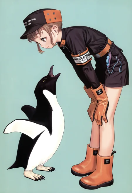 1girl, solo, brown hair, short hair, sidelocks, hat, long sleeves, gloves, shorts, orange footwear, armband, orange belt,
animal, penguin, (looking at another:1.1), looking at animal, looking down, bent over, smile, standing, from side, hands on own knees,
simple background, aqua background,
masterpiece, best quality, amazing quality, absurdres, newest,
<lora:renji_murata:1>