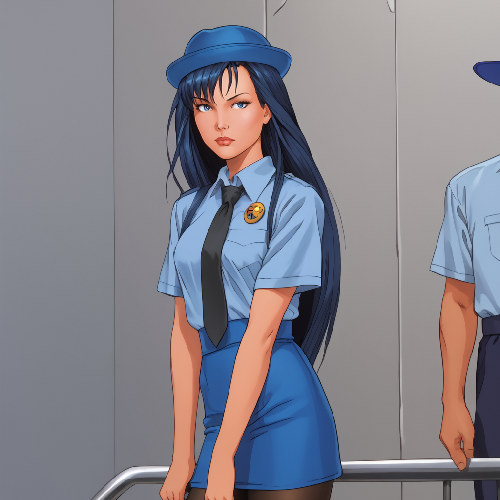 <lora:Shi_pony_v1:.75> Shi, 1girl, long hair,  retro artstyle, blue hair, 1990s (style), 1980s (style), cowboy shot,  <lora:0820 tokisaki kurumi policewoman fan costume_v1_pony:1> ruanyi0820,black necktie,blue hat,blue shirt,blue skirt,black pantyhose,short sleeves,skirt