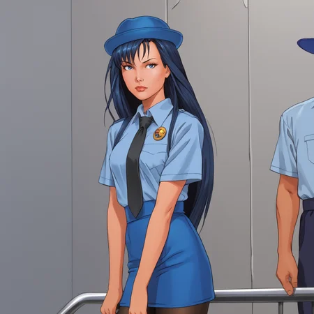 <lora:Shi_pony_v1:.75> Shi, 1girl, long hair,  retro artstyle, blue hair, 1990s (style), 1980s (style), cowboy shot,  <lora:0820 tokisaki kurumi policewoman fan costume_v1_pony:1> ruanyi0820,black necktie,blue hat,blue shirt,blue skirt,black pantyhose,short sleeves,skirt