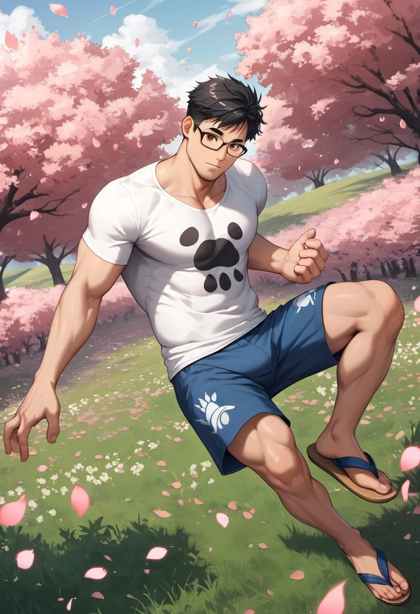 score_9, score_8_up, score_7_up, ultra hd, absurdres, solo, best aesthetic, shiny skin, outdoor, flower field, tree, solo, male focus,
1boy, ettaphyl, bara, short hair, black hair, brown eyes, glasses, t-shirt, dog print, shorts, wooden sandals, dynamic pose, relaxing, fisheye, windy, (flying petal:1.5)