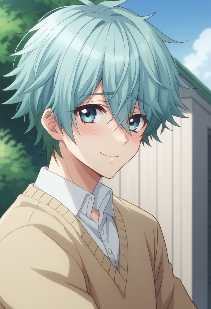 score_9, score_8_up, score_7_up, source_anime, highly detailed, 
kouta, 1boy, male focus, solo, looking at viewer, eyes visible through hair, smile, hair between eyes, shirt,
white shirt, multicolored hair, bangs, short hair, aqua hair, closed mouth, shy, blush
outdoor, blue sky,