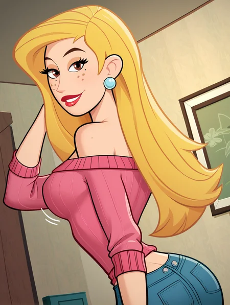 score_9, score_8_up, score_7_up, (toon \(style\):1),(flat colors:1),(close up face:1.4), looking back, from behind,viewer,ultra high quality,ultra high resolution,ultra , seductive,(extremely detailed), detailed background,,(masterpiece, best quality, high quality, highres, ultra-detailed),inside, bedroom in background, spotlight effects.,close up, cowboy shot,   dutch angle ,perfect eyes,perfect face,,narrow waist,perfect breasts,perfect eyes,perfect face,eager expression,earrings, looking back, from behind,
<lora:Veronica_Stoppable:0.9> veronica stoppable, toon (style), flat color, freckles, narrow waist,  brown eyes, long hair,  long eyelashes,  long hair, brown eyes, seductive smile, long eyelashes, medium breasts, wide hips, long legs, red lips, looking at viewer,blonde hair, Off-the-shoulder sweater , pastel pink sweater,