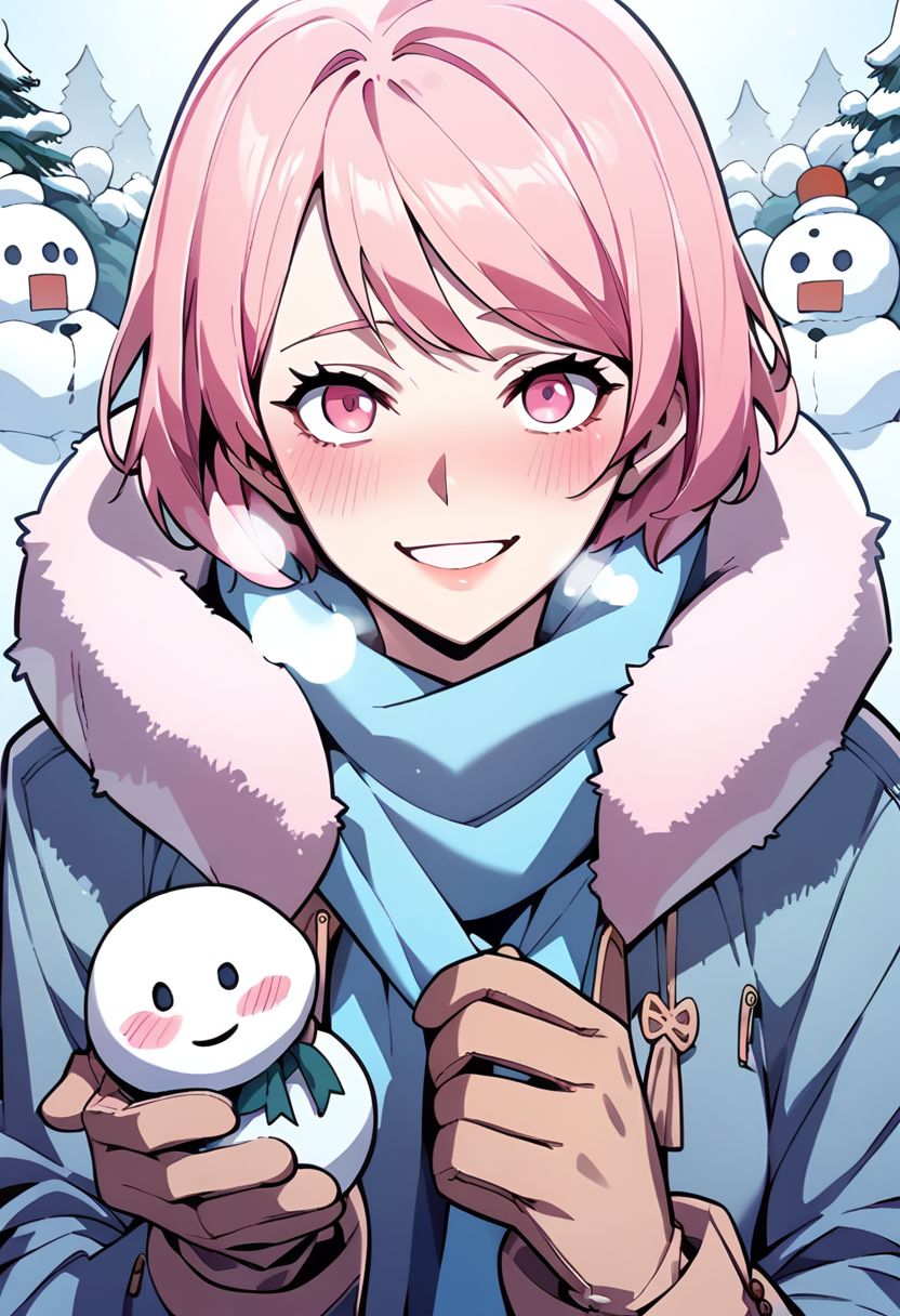 score_9,score_8_up,score_7_up,score_6_up, easynegative, Magnus_PS, 1girl, pink hair, snowman, scarf, blush, smile, short hair, snow, gloves, winter clothes, pink eyes, breath, looking at viewer, jacket, winter coat, epiCPhoto