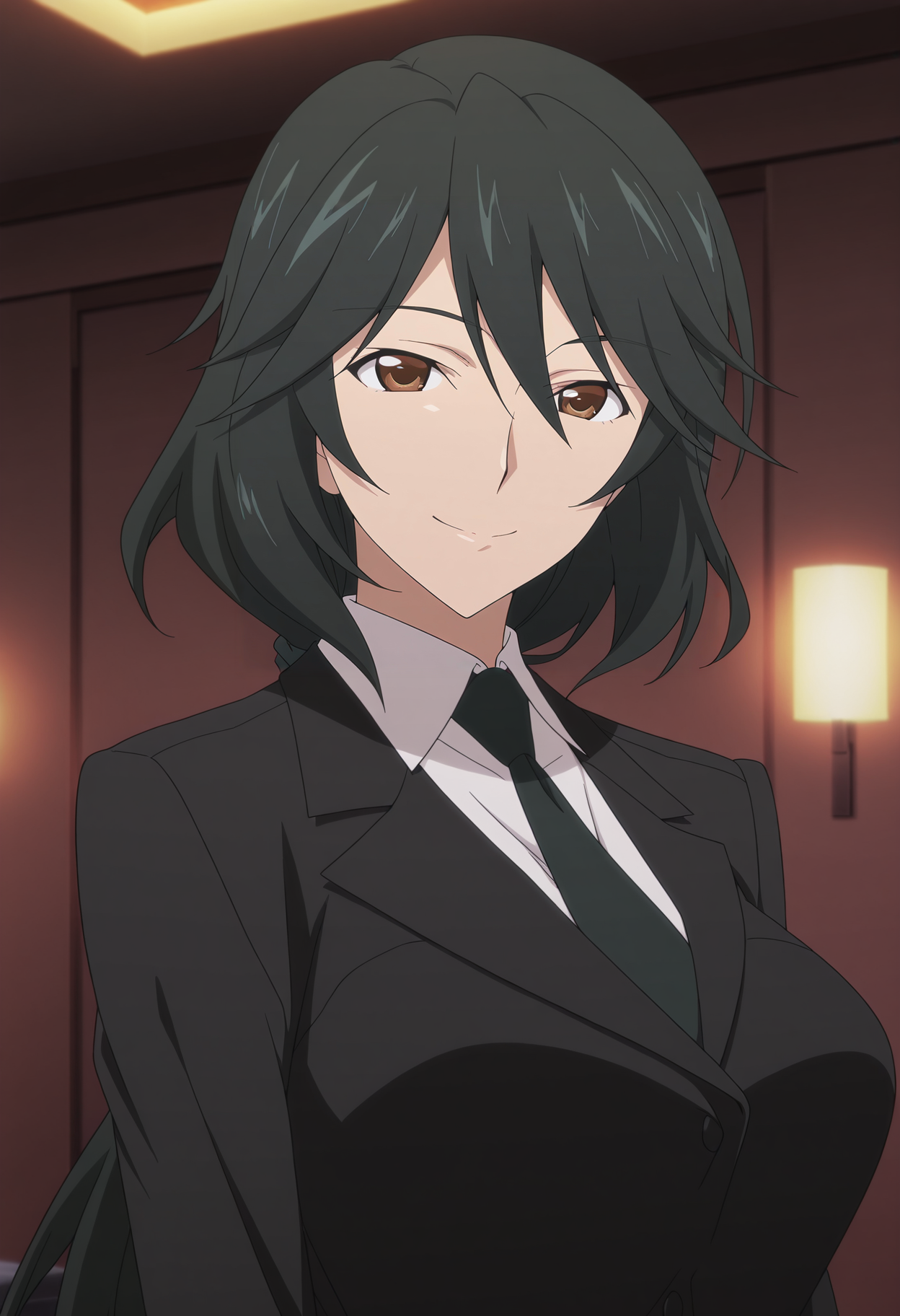1girl,solo,mm,mature female,black hair,brown eyes,long hair,ponytail,large breasts,anime coloring,
formal,jacket,necktie,shirt,upper body, looking at viewer, smile,indoors
,masterpiece,best quality,amazing quality,<lora:Chifuyu_Orimura-Infinite_Stratos:0.8>