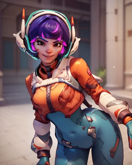 score_9, score_8_up, score_7_up, score_6_up, 2.5d, Juno (overwatch) <lora:Juno overwatch-000025:1> smiling, purple hair, multicolored hair, pink hair, looking at viewer ,