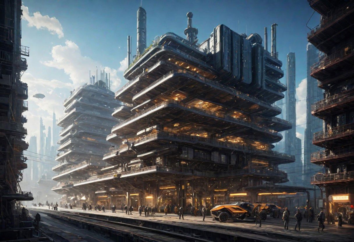 The complex cyberpunk machinery factory is manufacturing future colonial spaceships.,
industrialbuilding, factory, iron sheet, cable, truss, steel_structure, wire, pipe, machine, antenna, instrument, equipment, stairs, railing, railway_rails, storage_barrels, oil_tanks, crane, The imagination of future cities, future buildings, future streets, future vehicles, future mass transportation, future pedestrians,
Futurism, rich light and shadow, scifi, realistic,
,futuresurban
easynegative, BadDream, great lighting, clear, industrialbuilding, frames, futuresurban