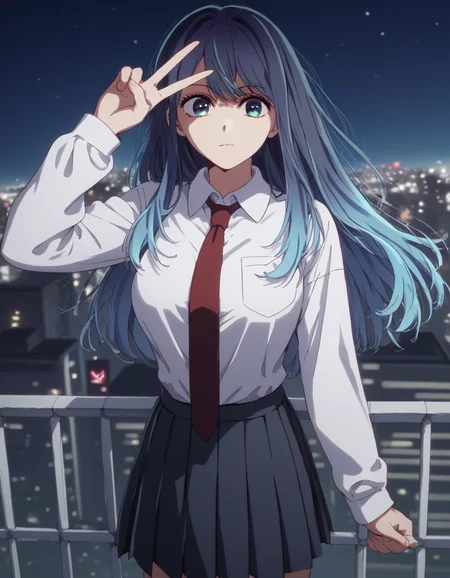 score_9, score_8_up, score_7_up, source_anime, <lora:akane-kurokawa-s2-ponyxl-lora-nochekaiser:1>, akane kurokawa, long hair, bangs, blue eyes, large breasts, black hair, blue hair, multicolored hair, gradient hair,, skirt, shirt, long sleeves, school uniform, white shirt, pleated skirt, necktie, collared shirt, black skirt, red necktie,, city skyline, rooftop view, night time, city lights, quiet reflection, , , v,, solo,, cowboy shot, dutch angle,